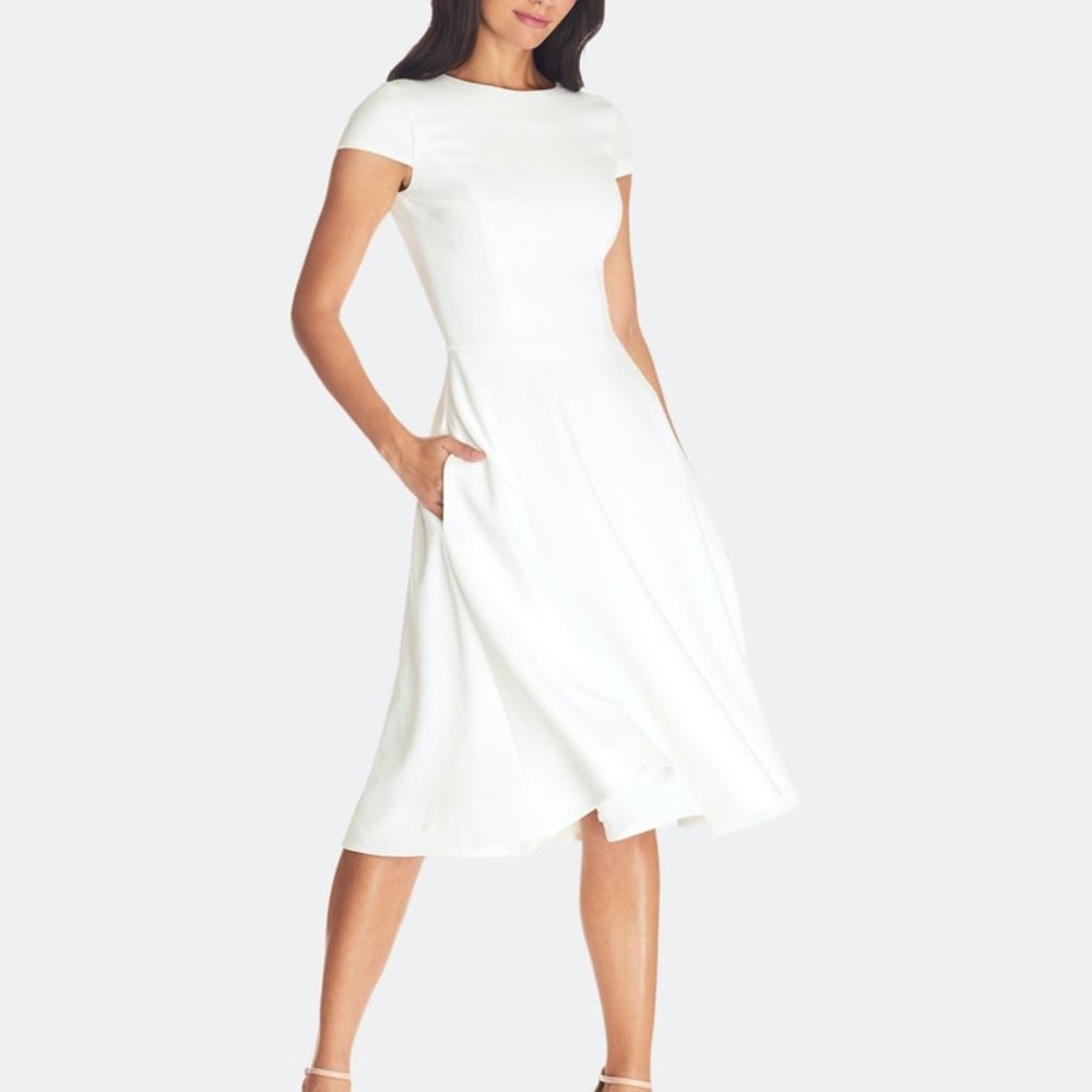 DRESS THE POPULATION FIT AND FLARE CREPE MIDI Dress, SZ .XS,IVORY, NEW